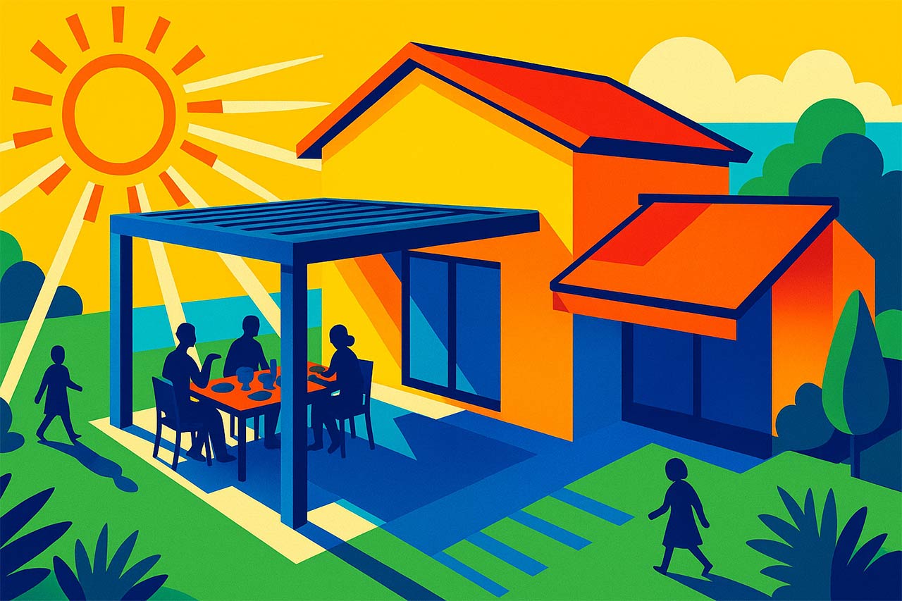 Illustration colorée et joyeuse de jardin estival façon isométrique, maison, pergola, store banne, soleil stylisé projetant des rayons, zones d’ombre bleutées clairement dessinées à différentes heures, petites silhouettes profitant d’un repas
