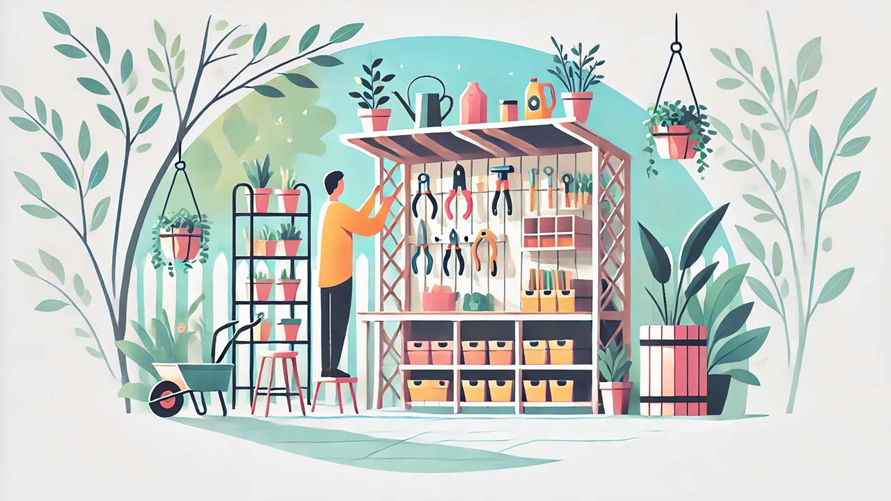 Le dessin montre un abri de jardin bien organisé dans un jardin lumineux, avec des outils accrochés au mur, des étagères remplies de boîtes de rangement et un établi pour bricoler. On voit des plantes en pots autour de l'abri, et une personne rangeant des outils sur une étagère.