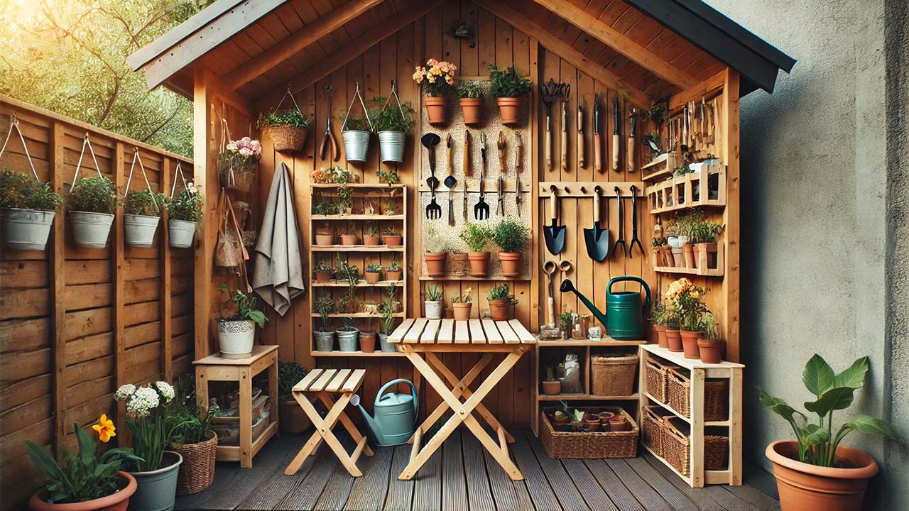Un petit abri de jardin en bois avec des outils de jardinage suspendus sur un râtelier mural, des étagères remplies de pots et de boîtes étiquetées. Un coin est aménagé avec une table pliante et des tabourets pour bricoler. À l'extérieur, un arrosoir et une brouette sont posés à côté de plantes en pots et de sacs de terreau.
