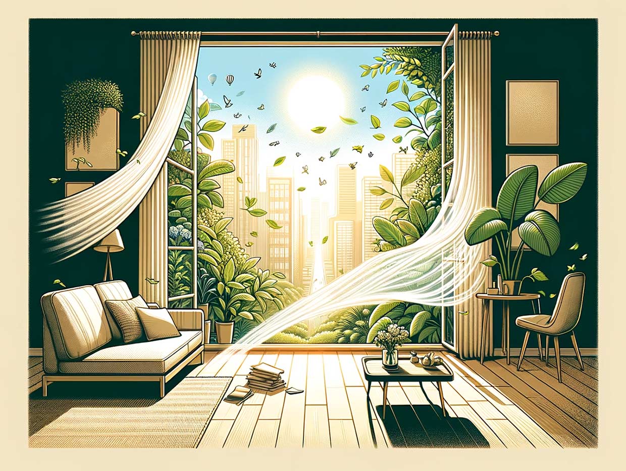 fenêtre ouverte avec des rideaux flottant au vent, laissant entrer la lumière du soleil et l'air frais. Dehors, un paysage urbain calme et verdoyant est visible. À l'intérieur, on voit des plantes d'intérieur florissantes, symbolisant la purification de l'air, et un canapé confortable près de la fenêtre, suggérant le bien-être et la relaxation