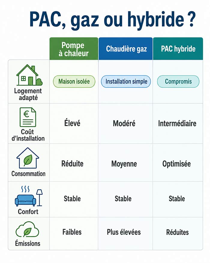 Infographie comparant pompe à chaleur chaudière gaz et PAC hybride