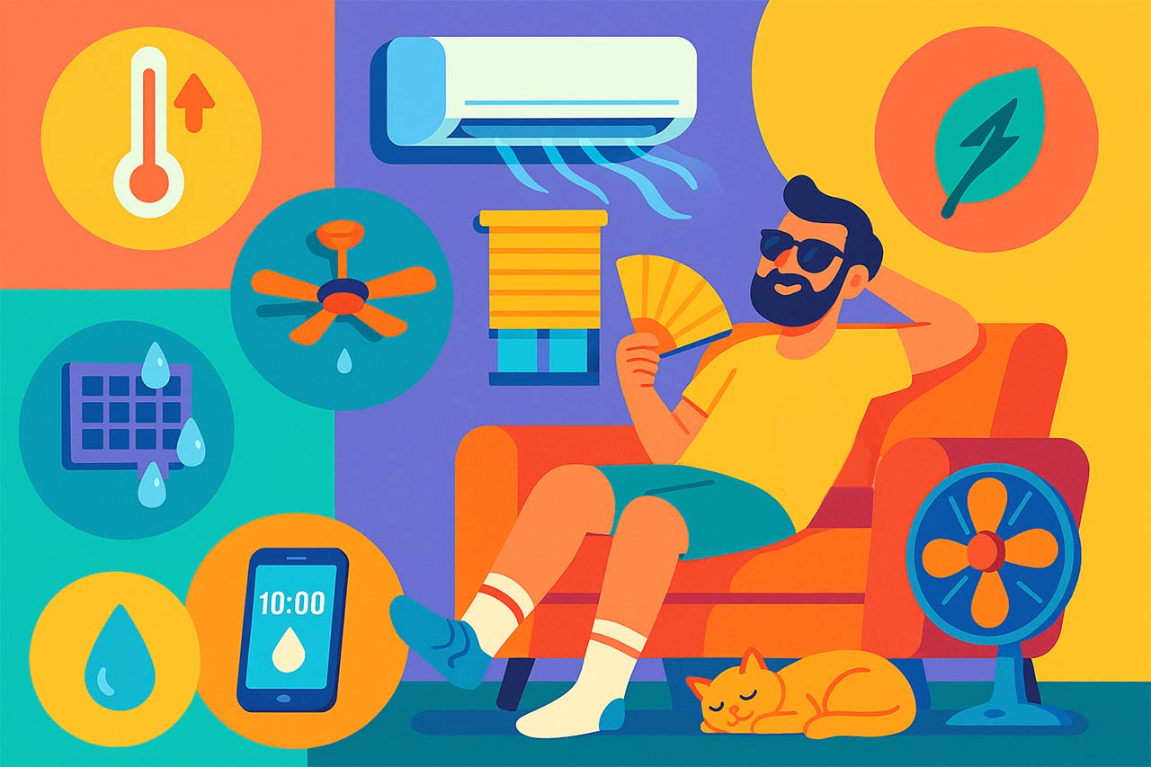 Illustration cartoon colorée montrant un homme se relaxant sur un canapé avec ventilateur, climatisation et symboles d’économies d’énergie