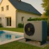 jardin estival lumineux avec piscine familiale, PAC de piscine moderne au second plan sur plots antivibratiles, écran acoustique ajouré en bois et végétation dense, maison au loin fenêtres ouvertes