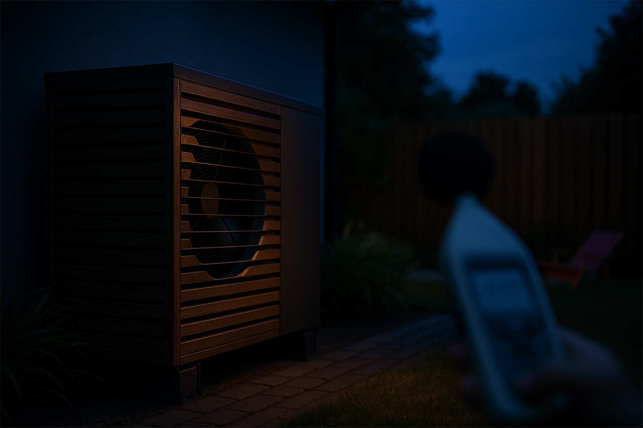 gros plan contextuel d’une PAC de piscine en fonctionnement de nuit douce, éclairage discret, caisson acoustique ventilé avec lames ajourées, orientation du flux d’air loin de la clôture, sonomètre posé en limite de propriété 