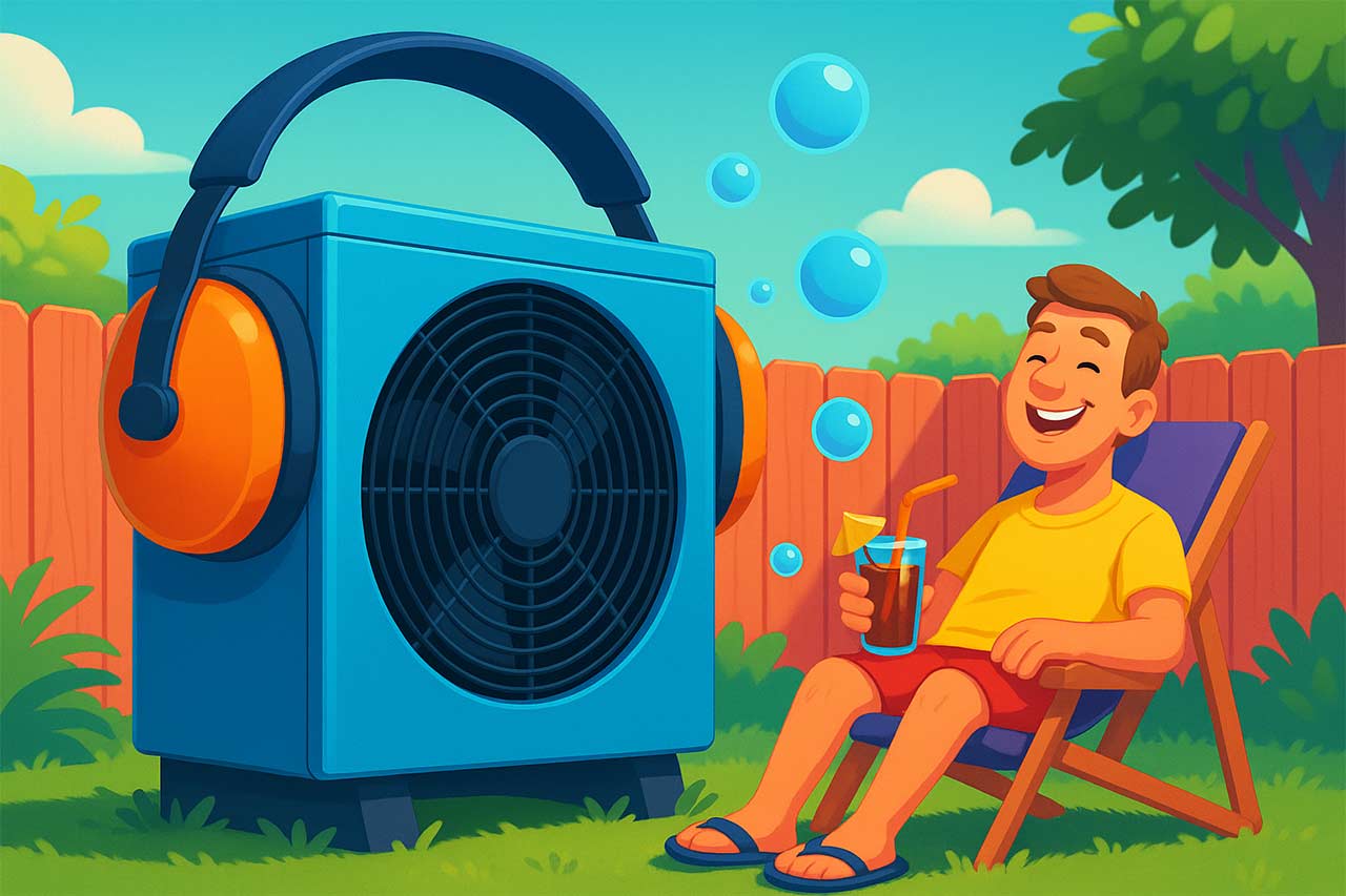 Illustration 3D colorée, scène fun : PAC de piscine coiffée d’un casque anti-bruit stylisé, bulles de silence qui s’éloignent vers la clôture, voisin souriant avec transat et boisson,