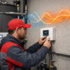 installateur chauffagiste réglant une pompe à chaleur et un thermostat mural, graphiques abstraits de courbe de chauffe en arrière-plan