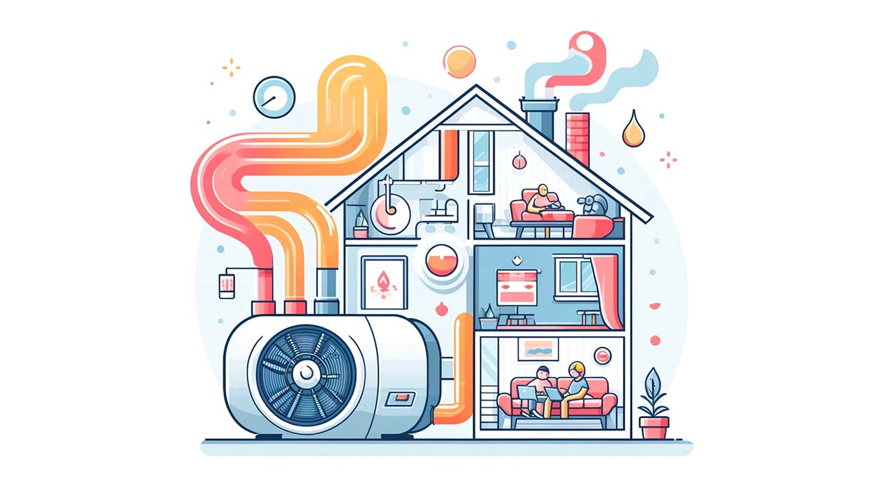  visuel d'une pompe à chaleur est représentée en fonctionnement, captant des calories dans l'air extérieur et les transférant à l'intérieur d'une maison. Des composants tels que l'évaporateur et le compresseur sont mis en évidence avec des flèches stylisées montrant le transfert de chaleur. Une famille dans la maison profite d’un confort thermique, avec un plancher chauffant visible.