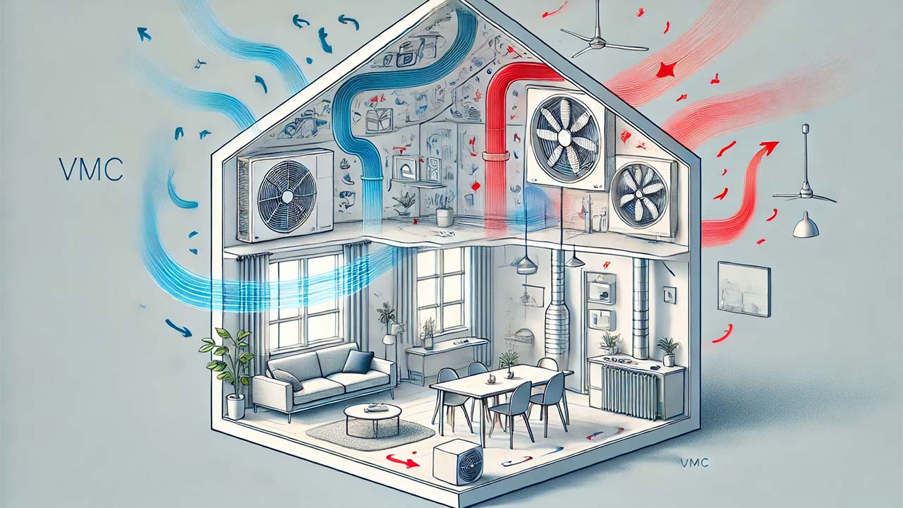 logement moderne avec une VMC visible dans une pièce bien isolée. Des flux d'air sont illustrés par des flèches bleues et rouges, montrant la circulation de l'air pour une ventilation efficace.