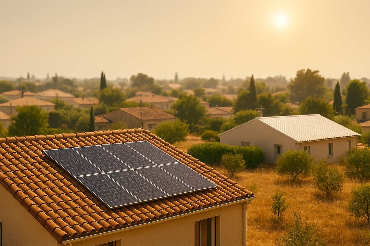 Maison avec panneaux photovoltaïques sur toit en tuiles sous soleil brûlant, chaleur visible par distorsion de l’air