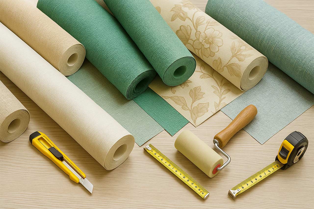 Échantillons de rouleaux de papiers intissés texturés verts et sable avec outils : cutter, rouleau, mètres rubans sur plan de travail