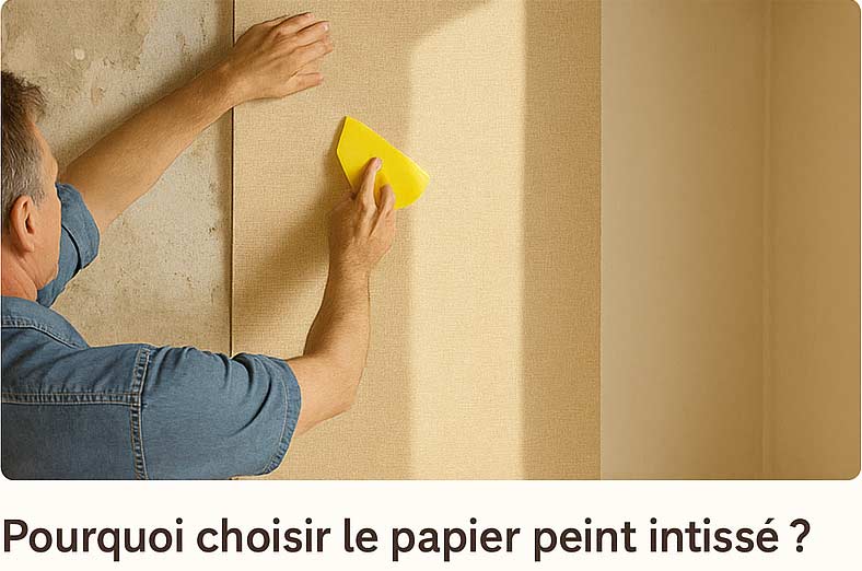 Pose de papier peint intissé beige sur un mur abîmé, outils de tapisserie sur table, lumière chaude de fin d’été