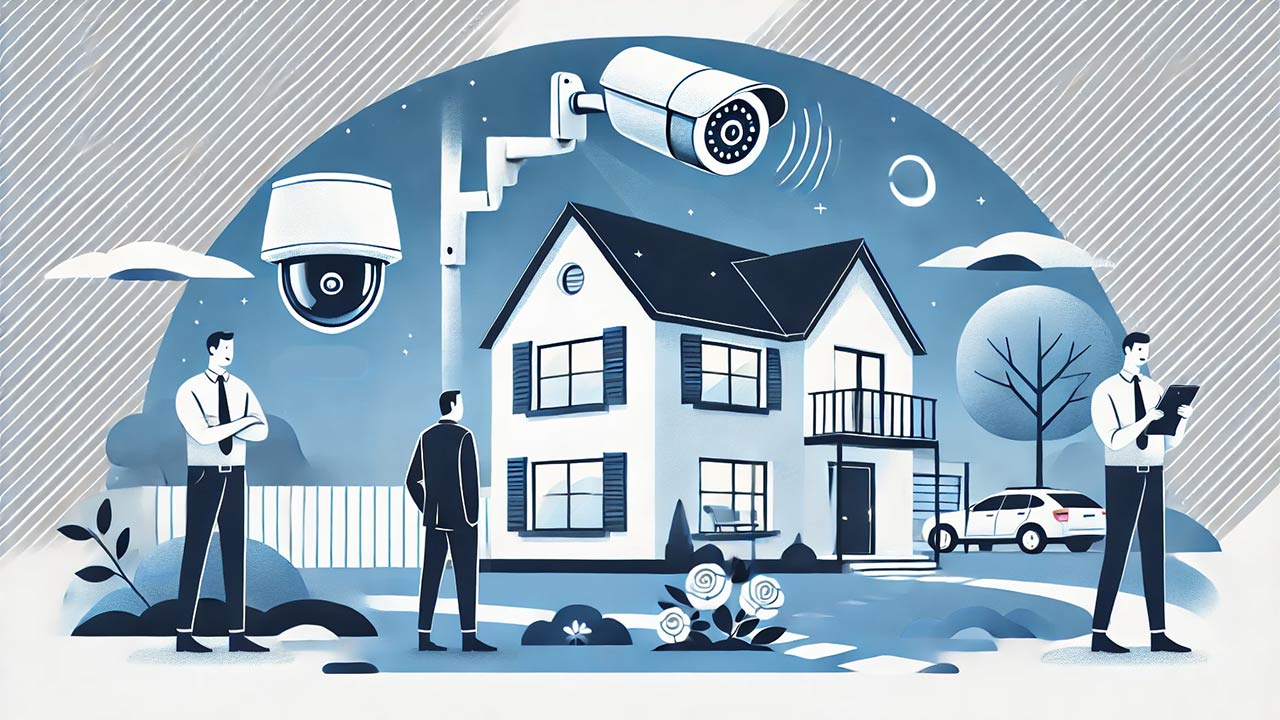 illustration montrant un système de sécurité actif dans une maison moderne, avec une alarme et une caméra de surveillance fonctionnant. À l'extérieur, un voisin surveille discrètement la maison.