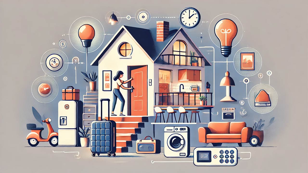 illustration représentant une maison moderne et sécurisée, montrant une préparation pour un départ en vacances : lumières éteintes, une personne ferme une valise, et des appareils électroménagers débranchés.