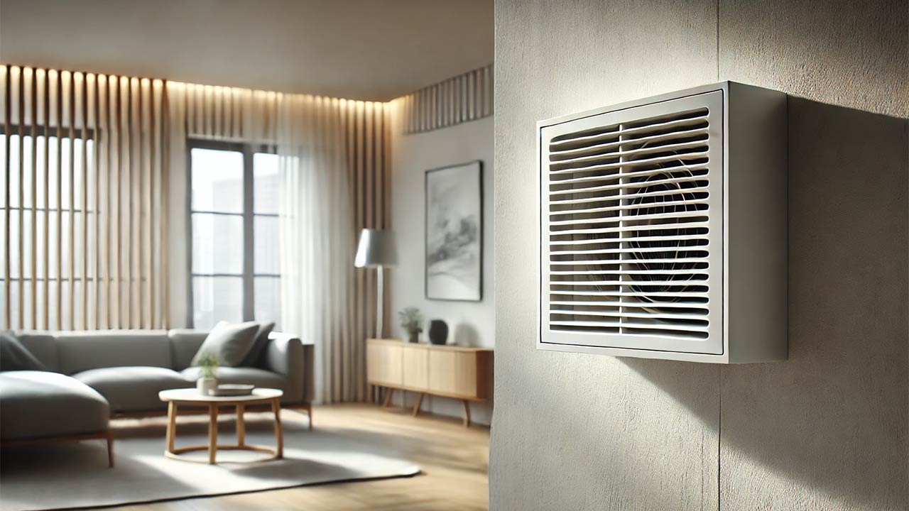 système de ventilation mécanique contrôlée (VMC) simple flux, installé dans une maison moderne. Une grille d'aération propre et fonctionnelle, dans un mur blanc, reflétant l'importance de maintenir une circulation d'air constante.