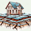 Illustration conceptuelle d'une maison sur un terrain instable avec des fissures au sol et des déformations du bâtiment, symbolisant les mouvements de terrain