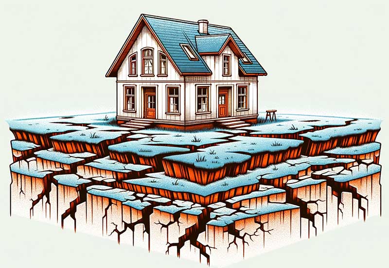 Illustration conceptuelle d'une maison sur un terrain instable avec des fissures au sol et des déformations du bâtiment, symbolisant les mouvements de terrain