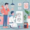 Illustration d'une panne de prise électrique dans un salon moderne, avec un personnage stylisé tentant de diagnostiquer une prise défectueuse à l'aide d'un multimètre, une autre personne observant