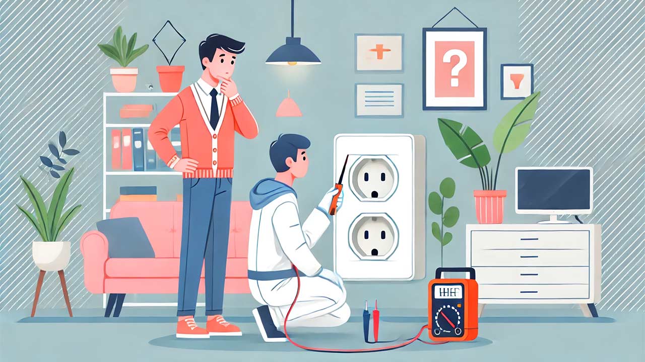 Illustration d'une panne de prise électrique dans un salon moderne, avec un personnage stylisé tentant de diagnostiquer une prise défectueuse à l'aide d'un multimètre, une autre personne observant