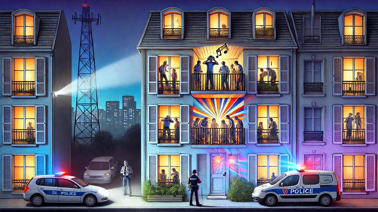 cène représentant des nuisances sonores dans un immeuble résidentiel. On voit un appartement avec des fenêtres ouvertes d'où s'échappent de la musique forte et des lumières colorées. En bas, des voisins mécontents discutent et montrent leur agacement, tandis qu'un agent de police approche pour intervenir.