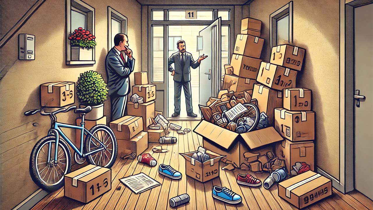scène illustrant l'encombrement des parties communes dans un immeuble. Des cartons, des vélos et des meubles sont entassés dans un couloir, bloquant le passage. Un voisin mécontent pointe les objets, tandis qu'un membre du syndic discute avec un résident pour trouver une solution.