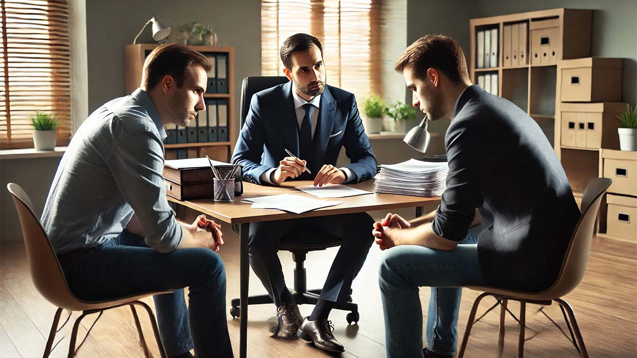 scène représentant une conciliation entre voisins dans un bureau de mairie. Un médiateur assis derrière un bureau écoute deux voisins discuter d'un problème. Des documents sont posés sur la table, et l'ambiance est sereine, reflétant une tentative de trouver un accord pour résoudre un litige de voisinage.