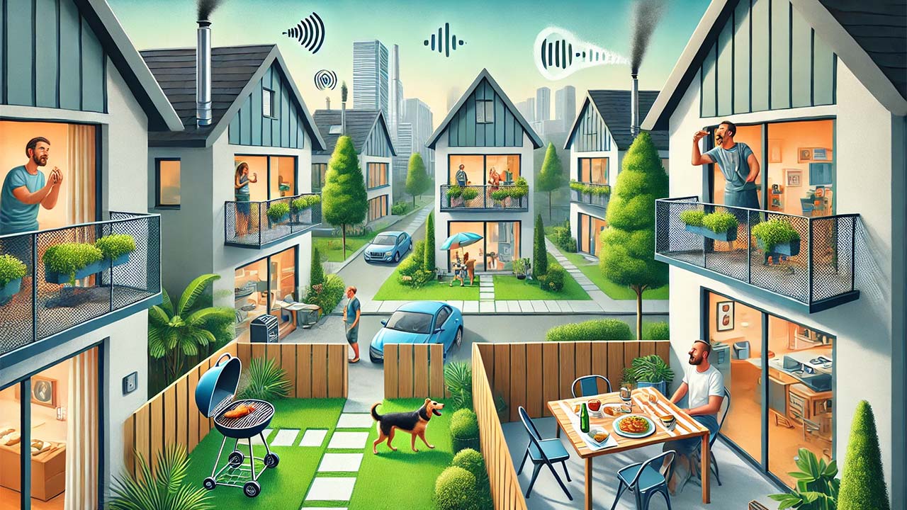 quartier résidentiel calme avec des maisons modernes et des espaces verts. En arrière-plan, des voisins discutent paisiblement près d'un barbecue dans un jardin, tandis qu'un chien aboie et qu'une fenêtre laisse échapper de la musique forte. L'image montre des éléments de convivialité mais aussi des signes de nuisances potentielles.