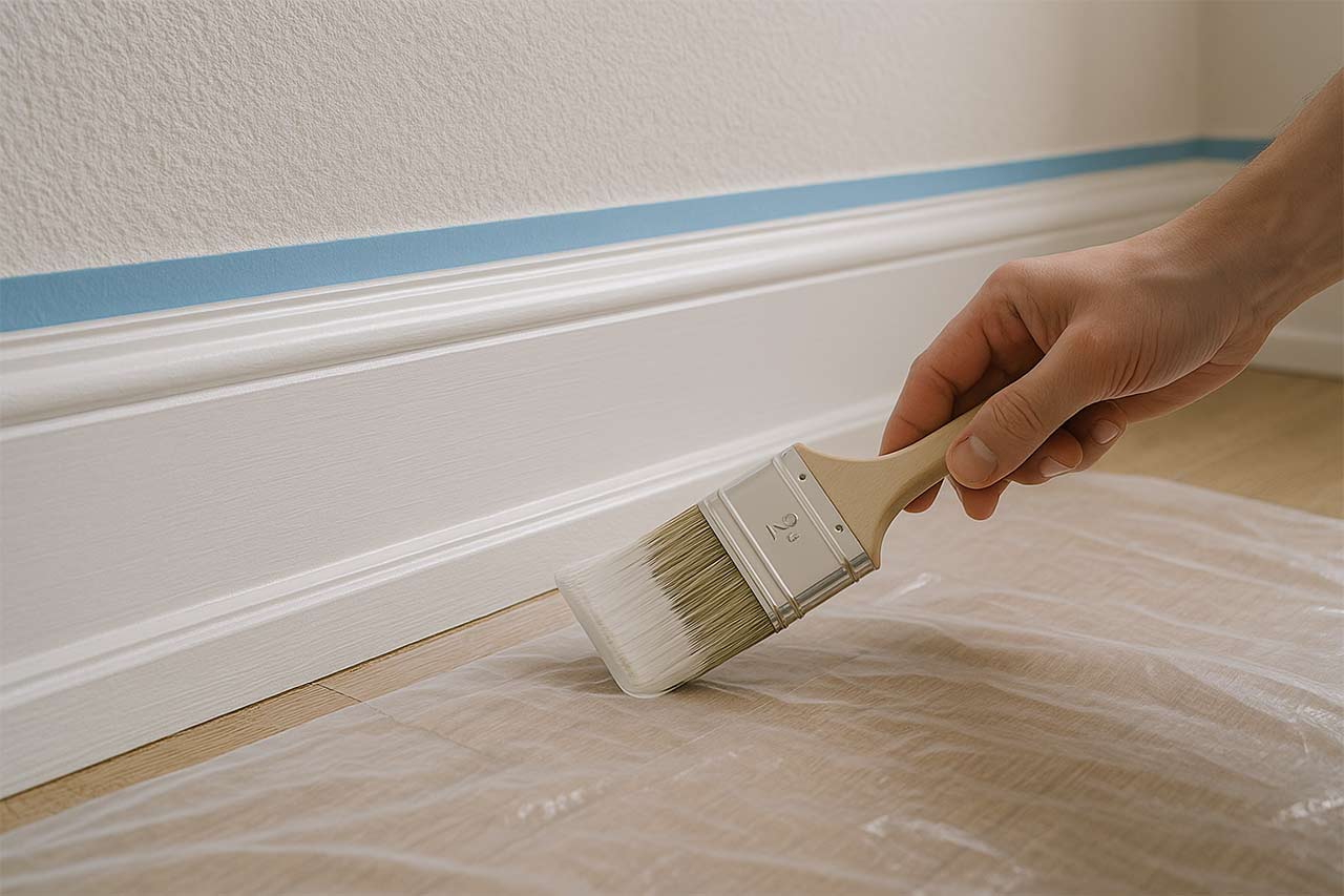 Plinthes en cours de peinture dans un intérieur lumineux, pinceau plat appliquant une deuxième couche de peinture blanche, ruban adhésif de masquage bien placé, surface propre et soignée, avec parquet protégé. Ambiance calme et minutieuse.