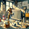 ndividu en train de préparer un radiateur pour la peinture, en le ponçant soigneusement. À ses côtés, des outils comme du papier de verre, du ruban adhésif, des bâches, et un apprêt en aérosol sont visibles. Un autre radiateur est déjà peint, avec une peinture métallique spécialisée pour radiateurs