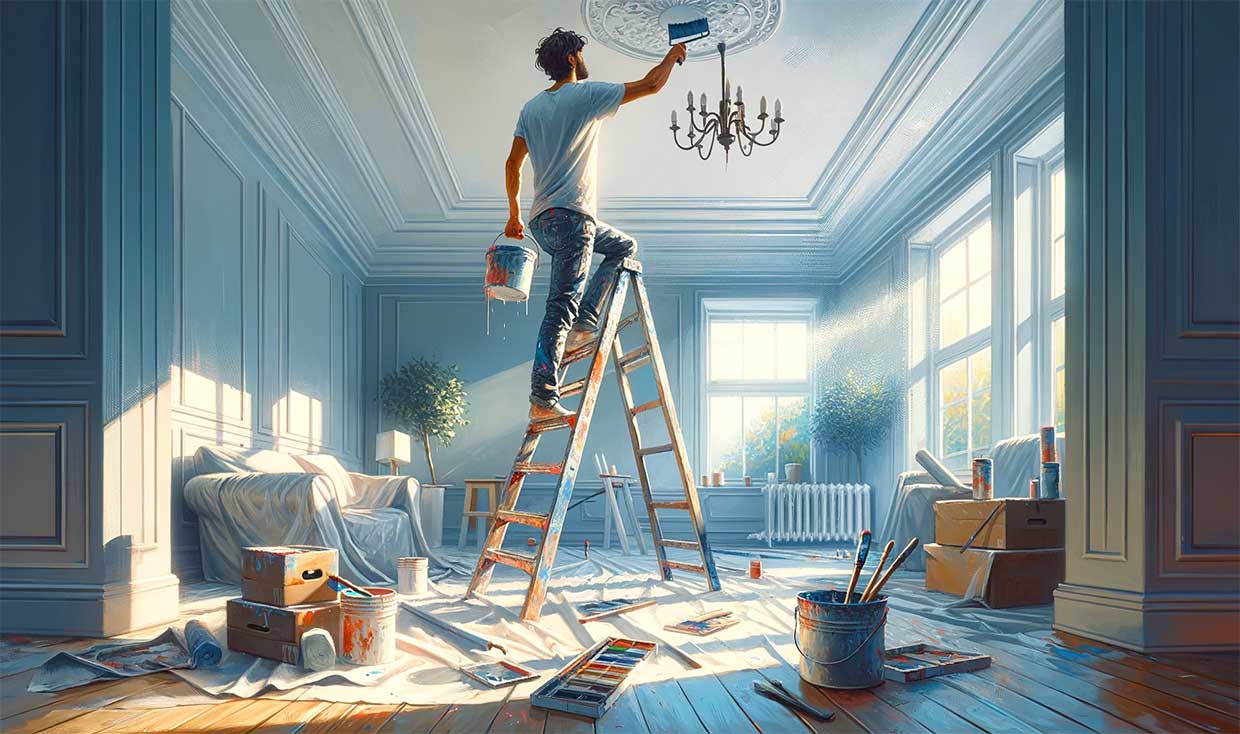 homme qui peint un plafond, montrant le début de la transformation d'une pièce