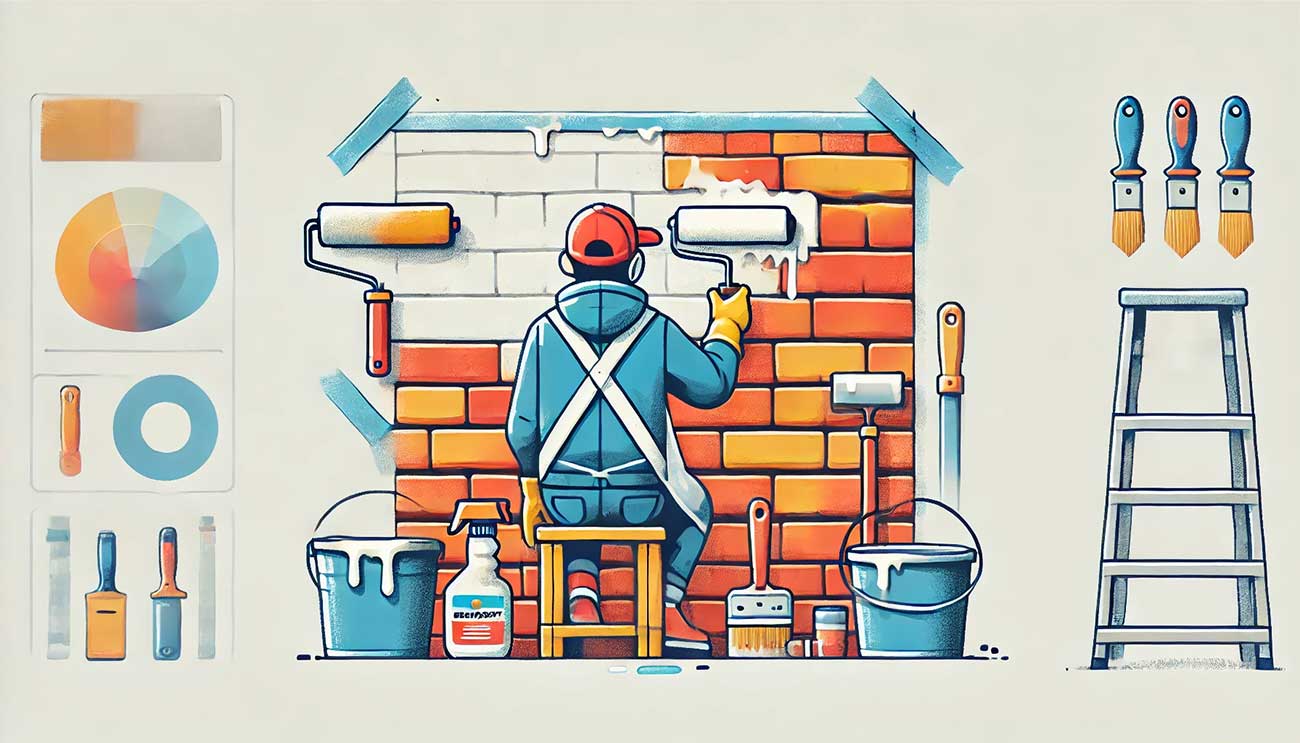 Illustration vectorielle minimaliste et colorée sur fond blanc montrant un mur en briques partiellement débarrassé de peinture, accompagné d’outils comme une brosse métallique, un grattoir et un pot de décapant chimique. Une personne avec des gants et lunettes de protection applique le décapant sur les briques.