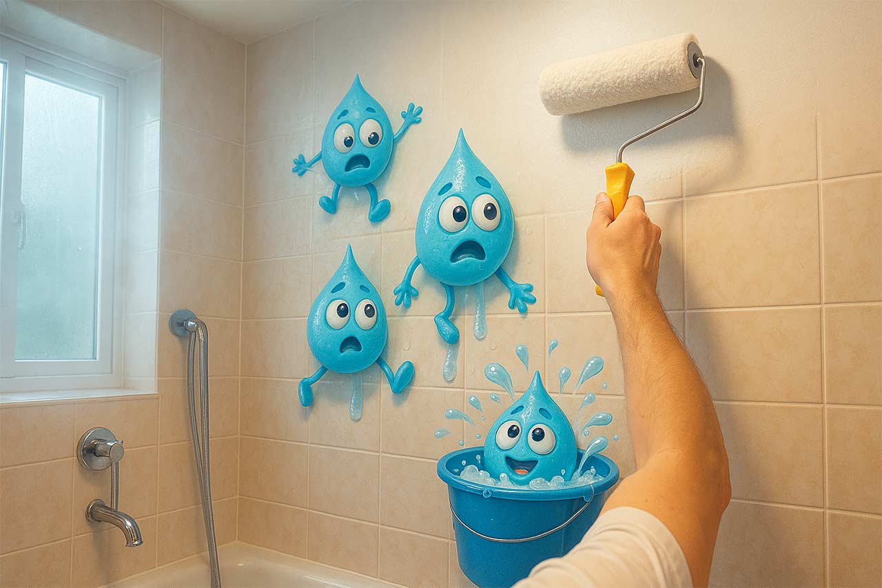 Scène humoristique d’un peintre appliquant une peinture anti-condensation sur des gouttes d’eau cartoon bleues avec visages expressifs.