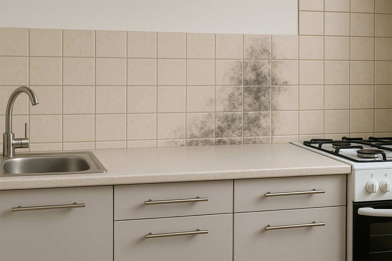 Cuisine moderne avec crédence en carrelage beige, présence de taches noires de moisissures près de l’évier et du plan de travail.