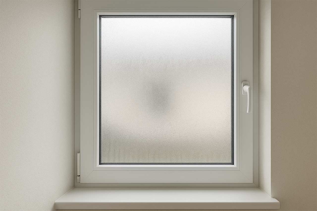 Gros plan d’une fenêtre en PVC blanc avec condensation visible en bas de la vitre, mur lisse peint en beige clair.