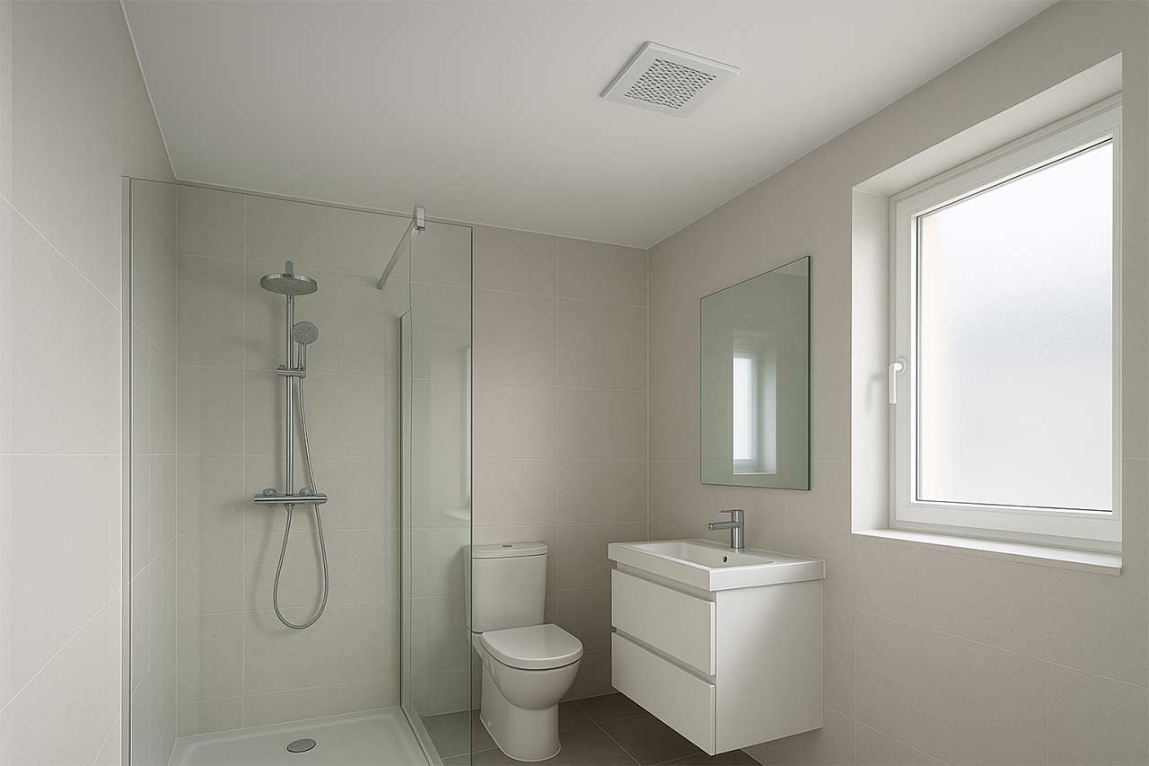 Salle de bains moderne lumineuse avec carrelage clair, plafond mat sans buée, fenêtre dépolie et bouche de ventilation au plafond.