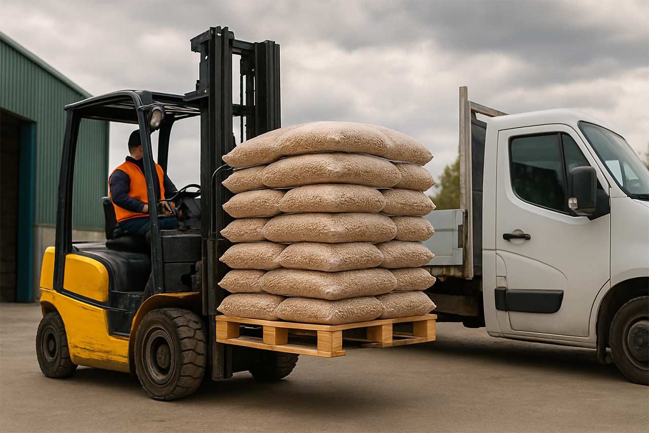Dépôt de fournisseur en septembre, chariot élévateur chargeant une palette de granulés dans un camion, ciel légèrement couvert.