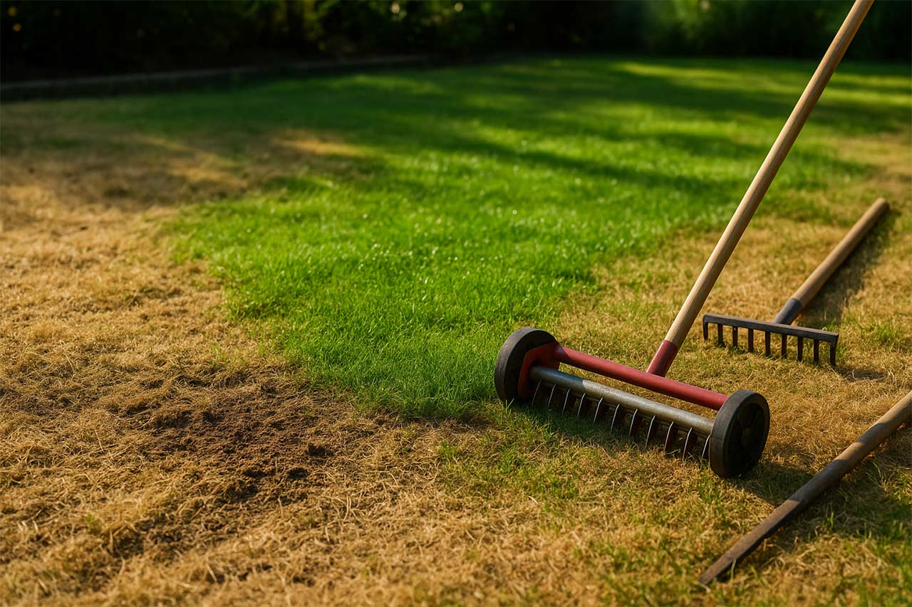 Pelouse en rénovation avec zones grillées et zones vertes, scarificateur et râteau posés au sol sous le soleil