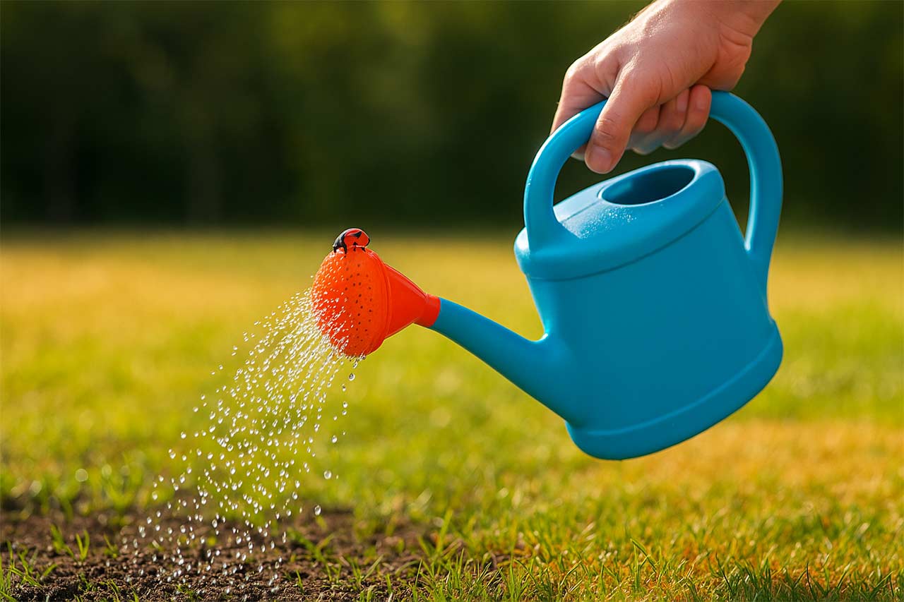 Arrosoir bleu arrosant finement une pelouse regarnie, gros plan avec coccinelle sur le pommeau orange"