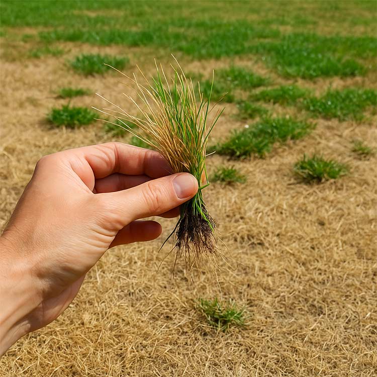 Une main tient une touffe d’herbe à moitié verte et à moitié sèche, au-dessus d’une pelouse clairsemée mêlant brins verts et zones brûlées.