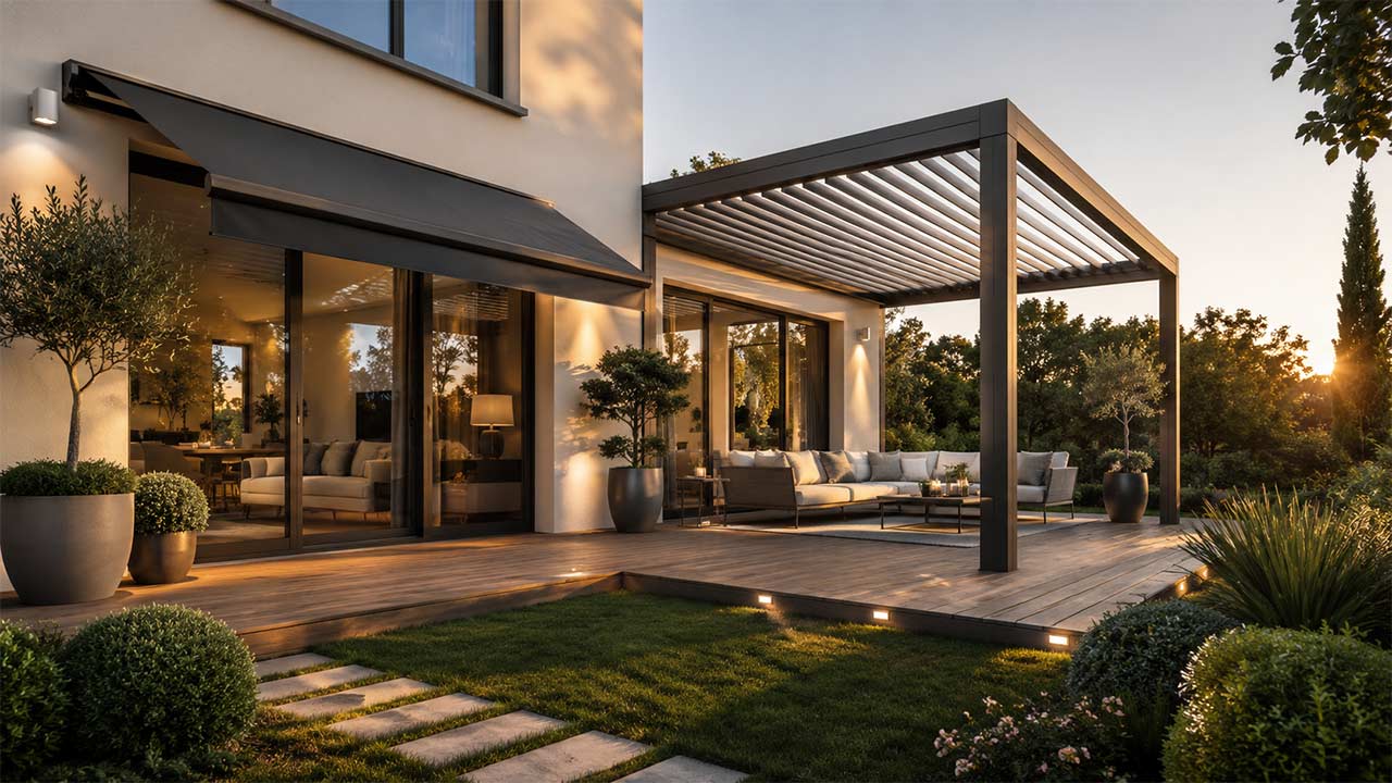 terrasse contemporaine accolée à une maison lumineuse, avec un auvent élégant au-dessus d’une baie vitrée sur la gauche et une pergola bioclimatique à lames orientables sur la droite