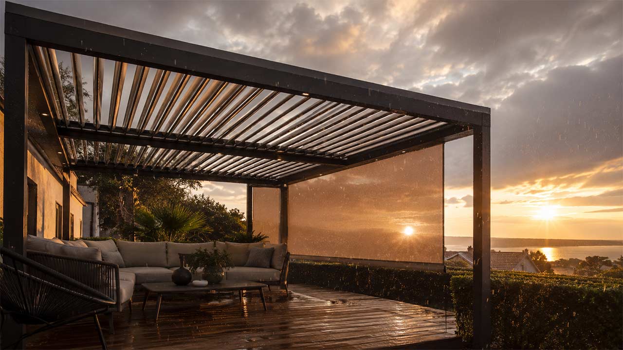 pergola moderne en aluminium sous une météo changeante, lames orientables entrouvertes, gouttes de pluie visibles, store latéral protégeant du soleil rasant, mobilier extérieur préservé