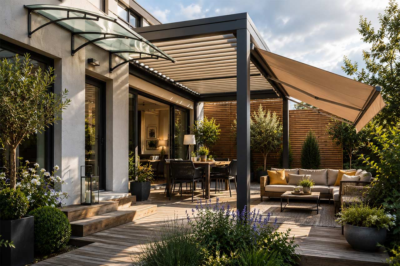scène montrant plusieurs matériaux de protection extérieure sur une même terrasse élégante : une structure en aluminium moderne, une marquise en verre lumineuse, une petite zone en bois chaleureux et une toile rétractable partiellement déployée, le tout intégré à une maison contemporaine avec jardin