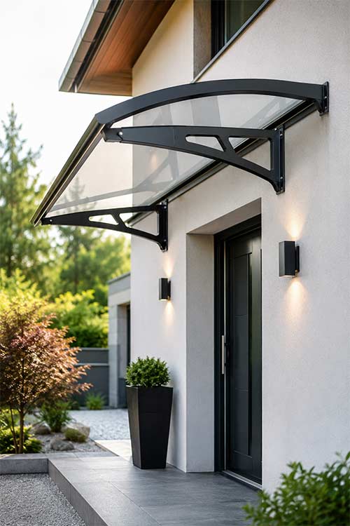 photo d'un auvent en verre installé au dessus d'un porte d'entrée de maison
