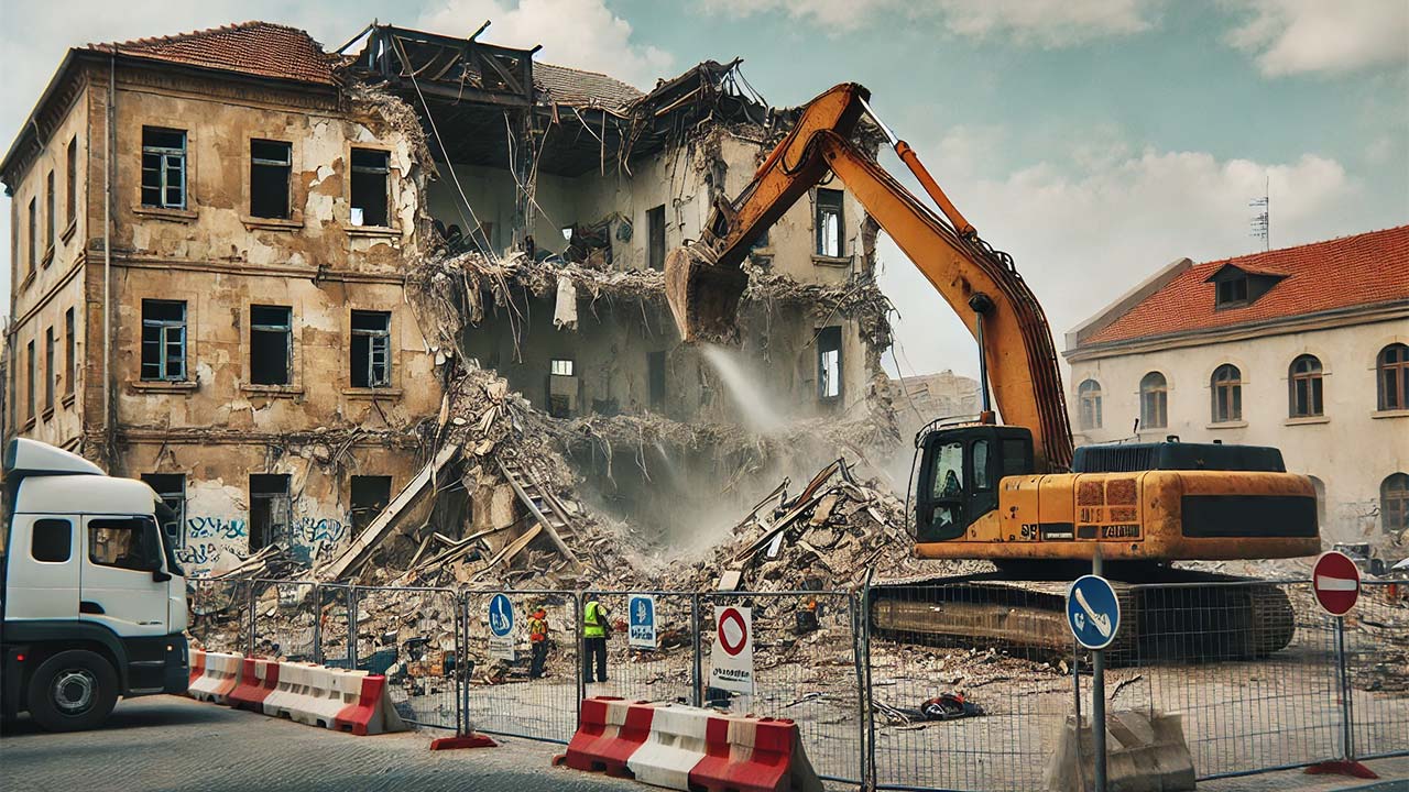 chantier de construction où un vieux bâtiment est en cours de démolition. Une grande pelleteuse abat les murs, entourée de piles de gravats et de débris. À l'arrière-plan, des panneaux de sécurité, des barrières et des ouvriers portant des casques de sécurité observent le processus.