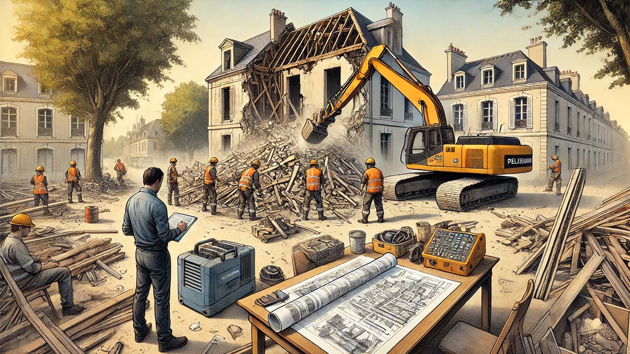 chantier de démolition en cours avec des ouvriers utilisant une pelleteuse pour abattre une partie d’un vieux bâtiment. On voit des plans étalés sur une table de chantier et un chef de projet donnant des instructions. À côté, une zone sauvegardée avec des arbres et des structures historiques visibles, illustrant la gestion des zones protégées.