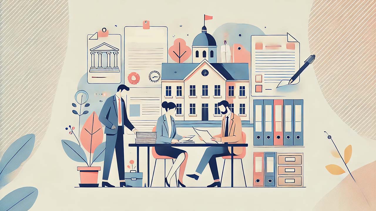 Des personnages stylisés sont en train de remplir des formulaires, vérifier des documents et consulter des plans architecturaux sur une table. En arrière-plan, une mairie et des archives sont visibles, symbolisant le dépôt officiel.
