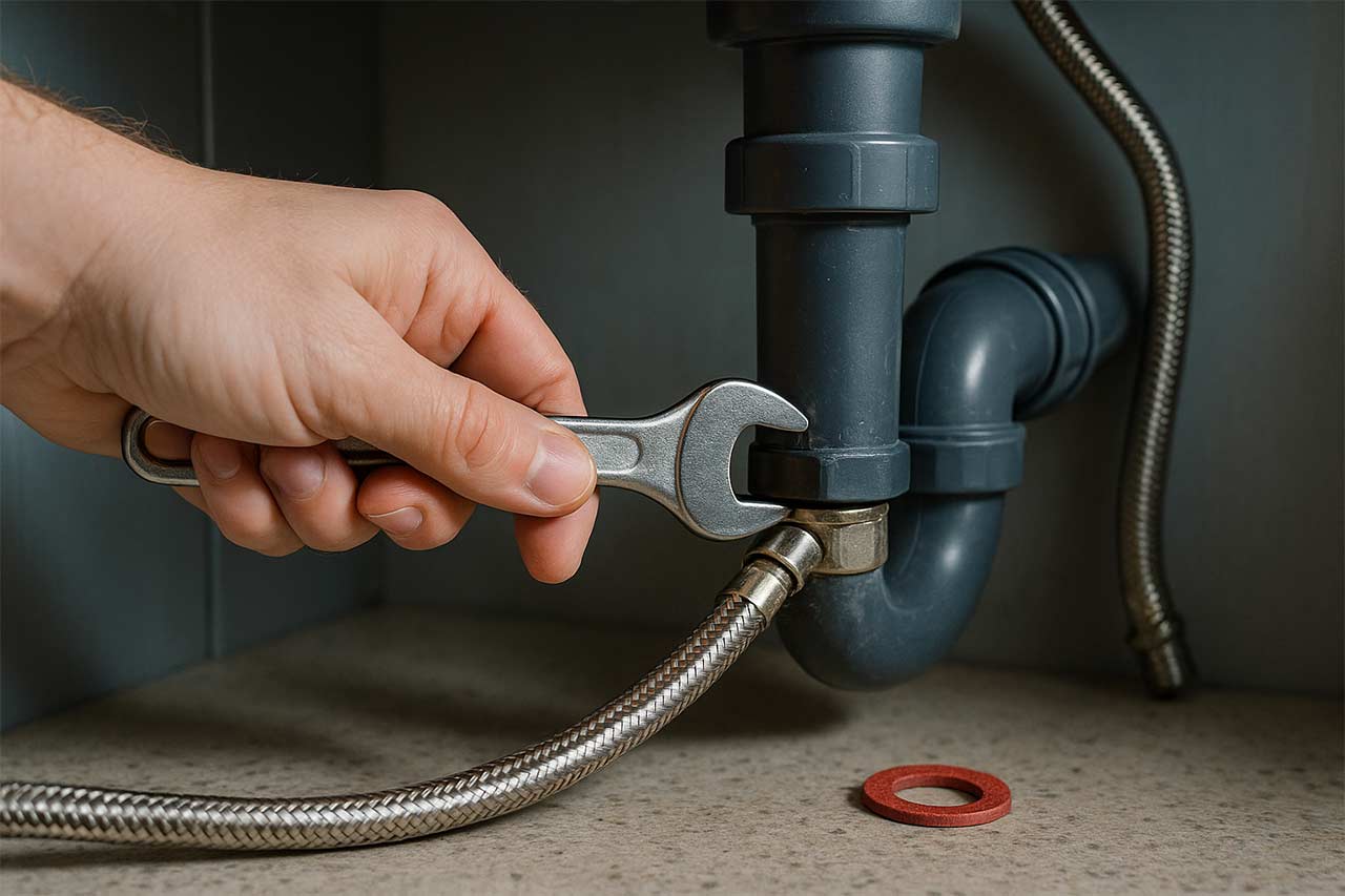 Main resserrant un flexible sous évier avec clé plate, joint fibre neuf posé à côté, légère trace de calcaire visible