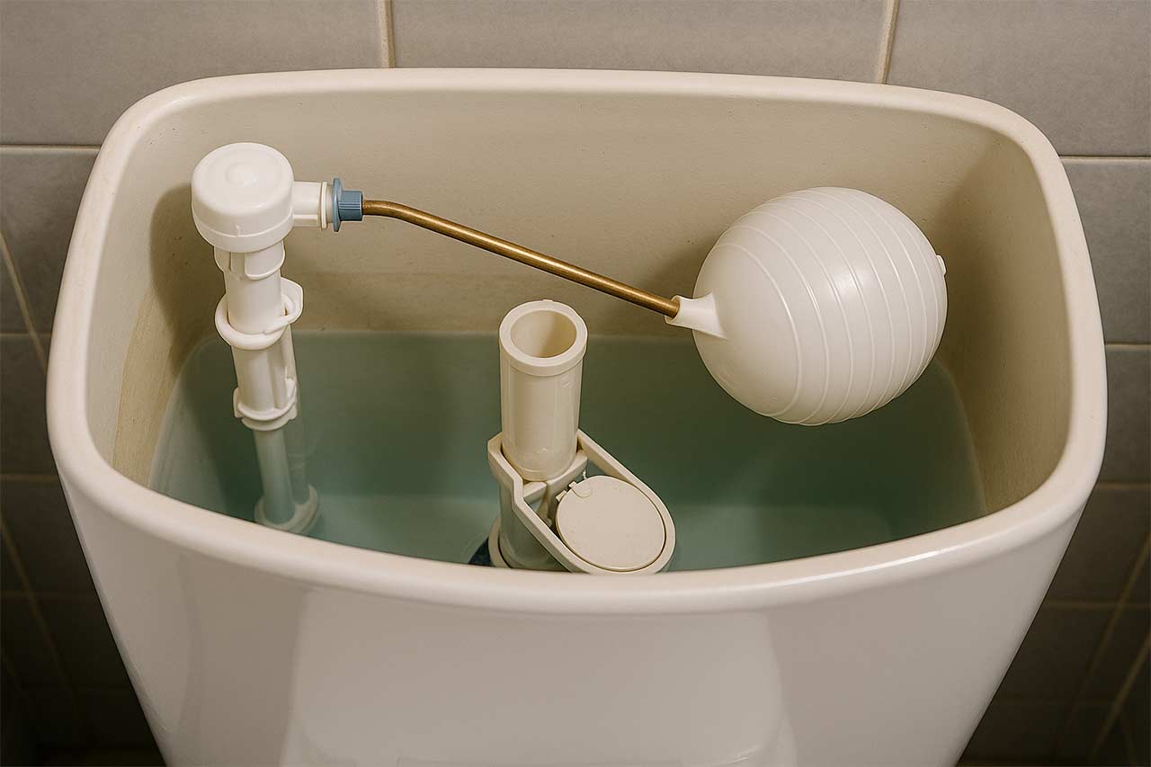 Couvercle de réservoir WC ouvert, flotteur ajusté