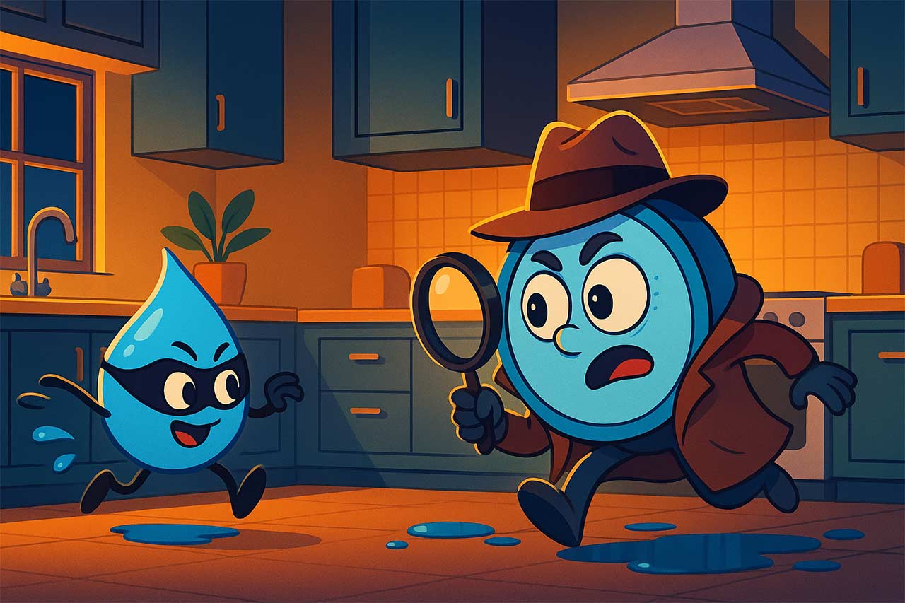 Illustration cartoon amusante d’un compteur déguisé en détective poursuivant une goutte d’eau masquée dans une cuisine moderne