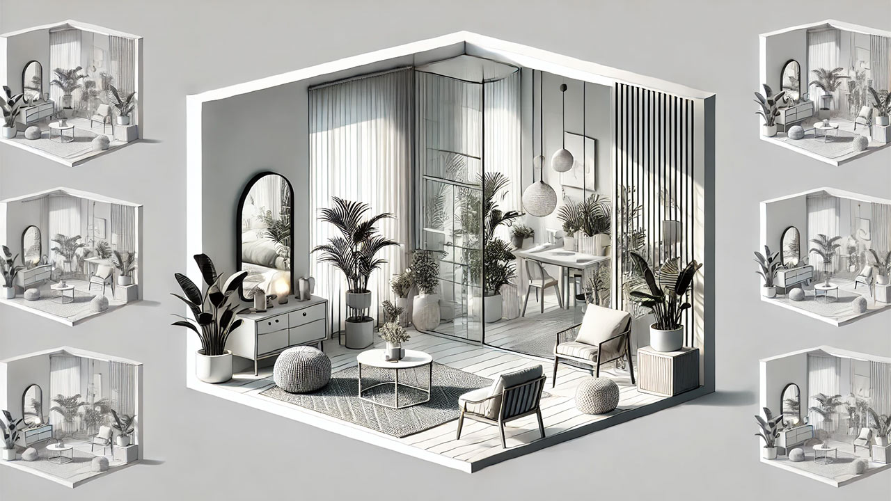 illustration d'une pièce sans fenêtres transformée en un espace lumineux et accueillant grâce à des portes vitrées, des miroirs, et un éclairage artificiel. Le décor comprend des plantes d'intérieur adaptées à faible lumière, des murs clairs et un mobilier minimaliste, créant une ambiance moderne et fonctionnelle.