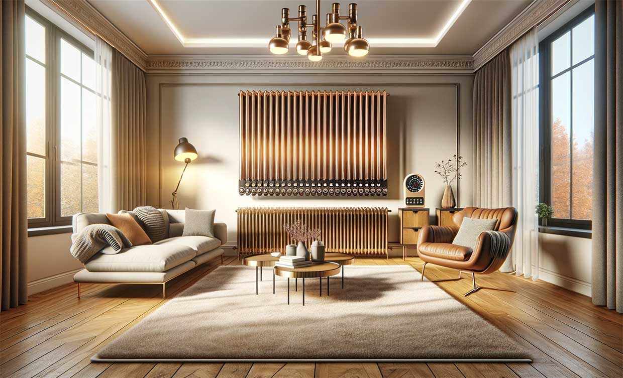 salon moderne avec des radiateurs à eau équipés de robinets thermostatiques. La pièce est confortable et chaleureuse, avec une température idéalement réglée grâce à ces dispositifs